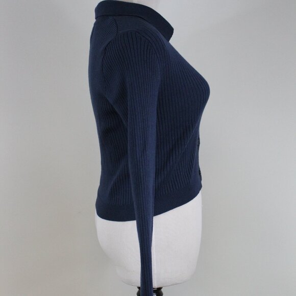 Olive & Oak Cropped Ribbed Cardigan Collared Blue Preppy Parisian Minimalist - Picture 8 of 12